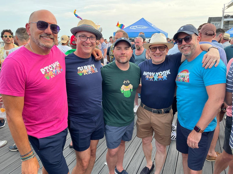 Five friends on the Boatslip deck in PTown, New York and Super Gay Mates tees