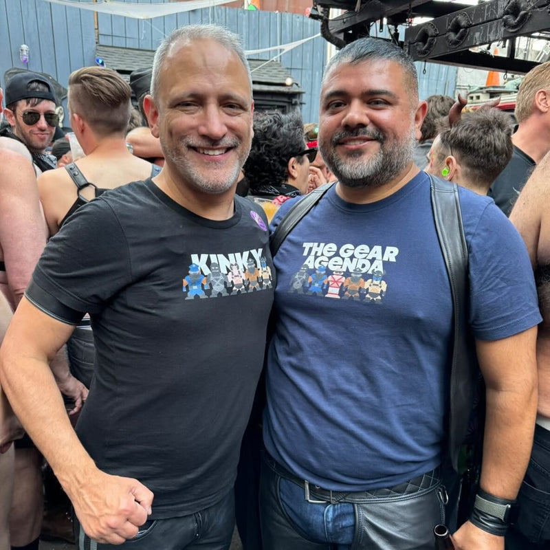 Two men at Dore Alley in the Kinky Mates and The Gear Agenda tees