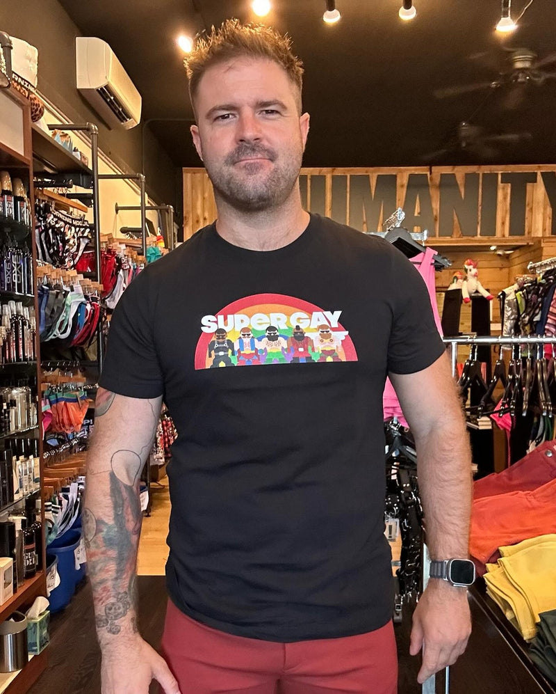 A man in the Super Gay Mates tee at Humanity in San Diego