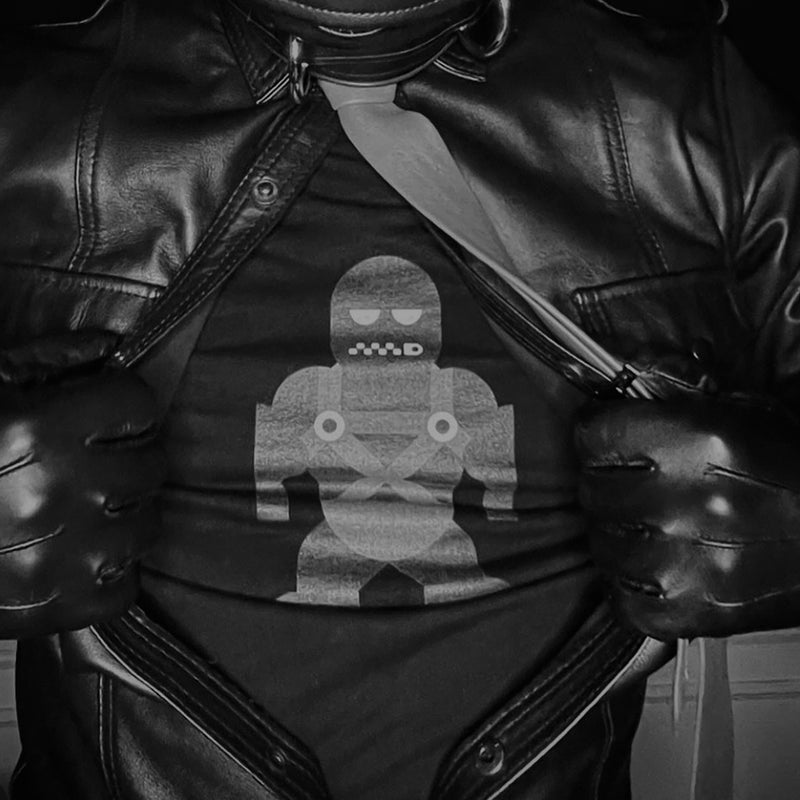 A Mischief Maker in the MMMPH Quentin tee under a leather jacket