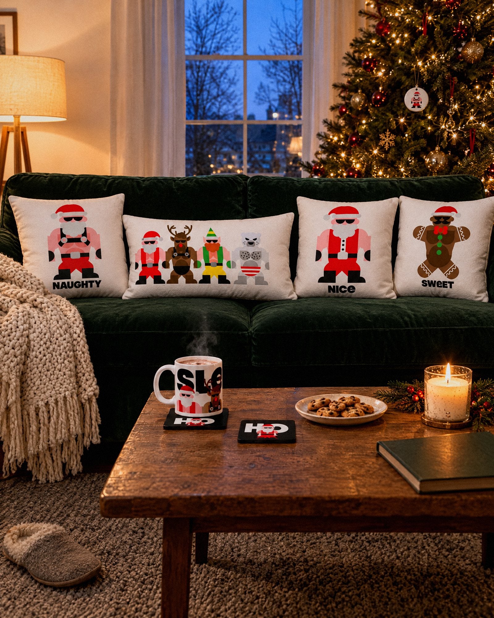 A living room decorated for the holidays, with our holiday Mates on the Sleigh the Holiday, Naughty, Nice and Sweet pillows, a Sleigh mug and Ho Ho Ho coasters