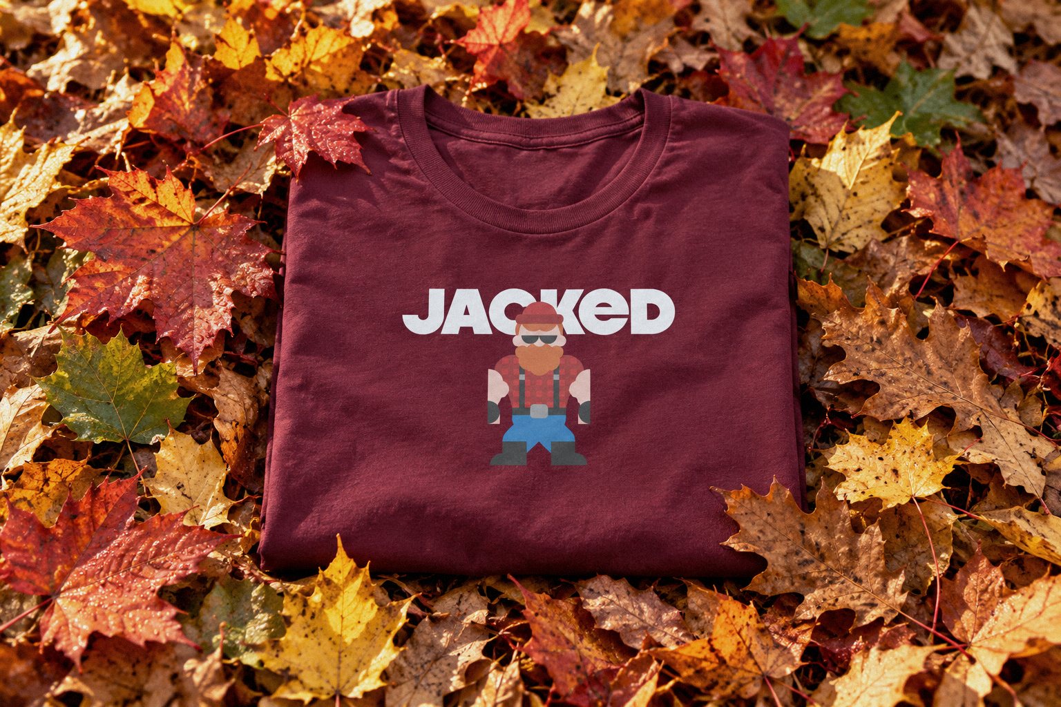 The maroon Jacked Jack tee folded on a soft pile of orange, red and gold autumn leaves