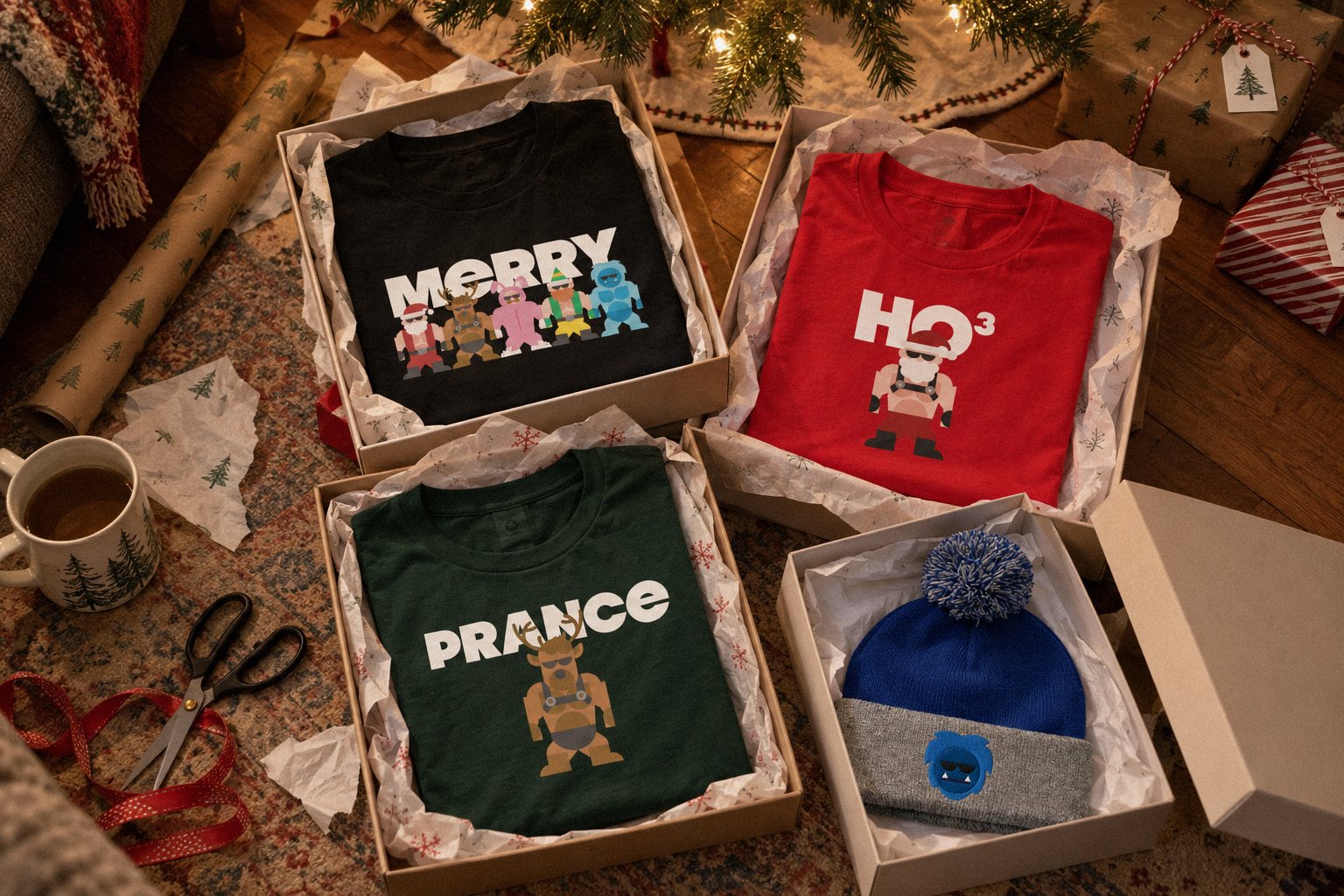Open gift boxes on a living room floor by the tree, holding the Merry, Ho Ho Ho Santa and Prance tees and the Bumble pom-pom beanie, with wrapping paper, scissors and a mug of tea