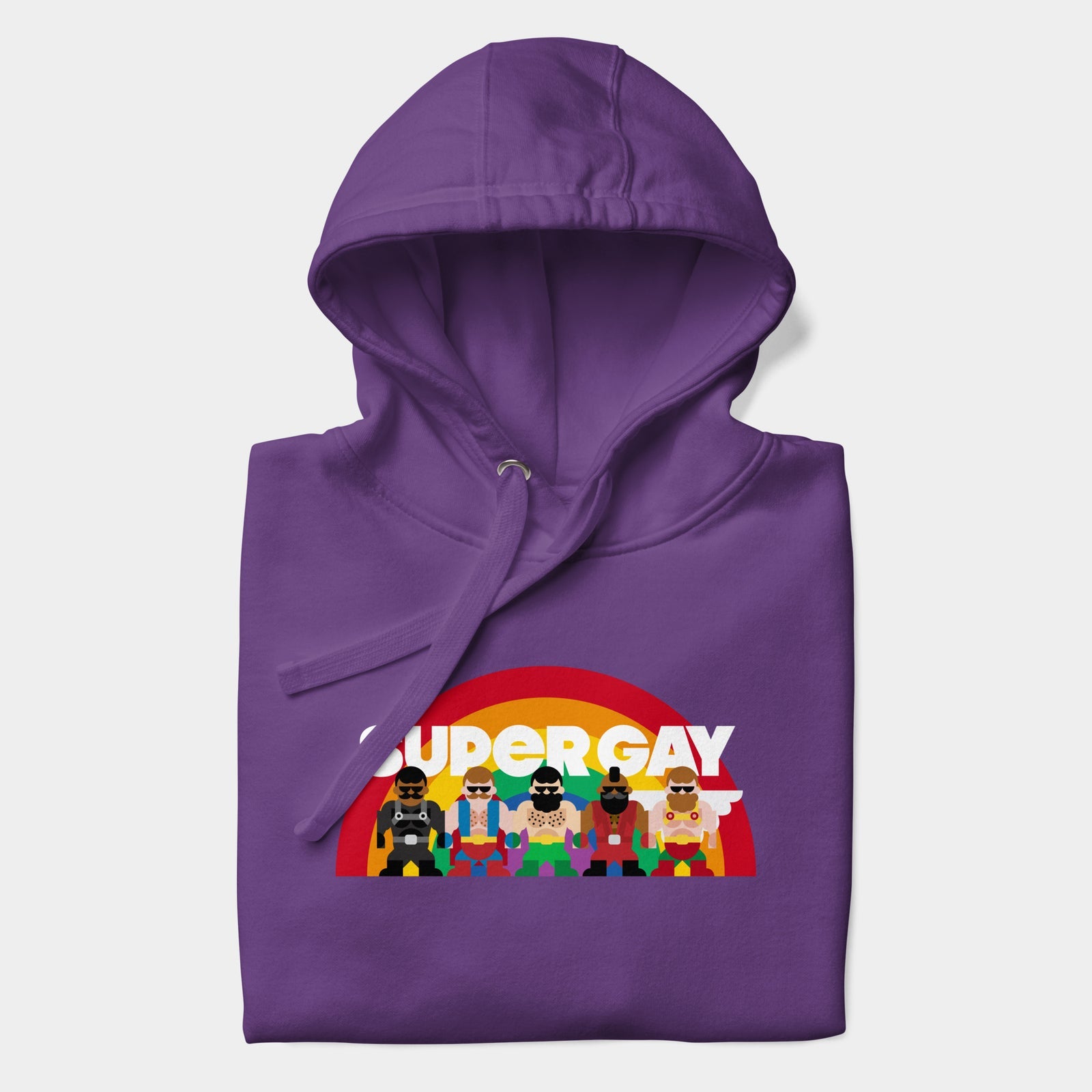The Super Gay Mates hoodie in purple, folded to show the five Mates under a rainbow